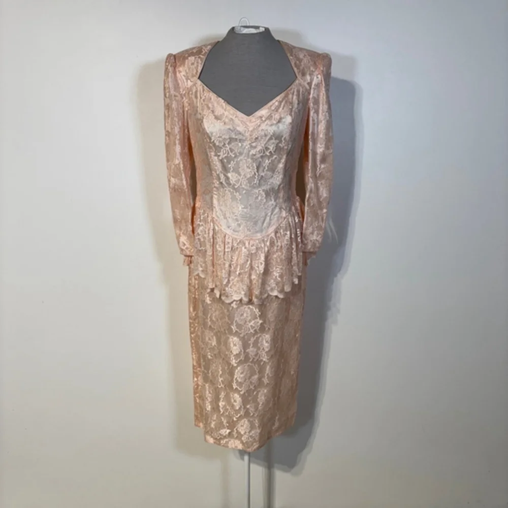 Vintage Scott McClintock Dress Women’s Size 12 Pink Lace Peplum Back Zipper - Picture 1 of 15